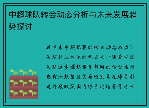 中超球队转会动态分析与未来发展趋势探讨